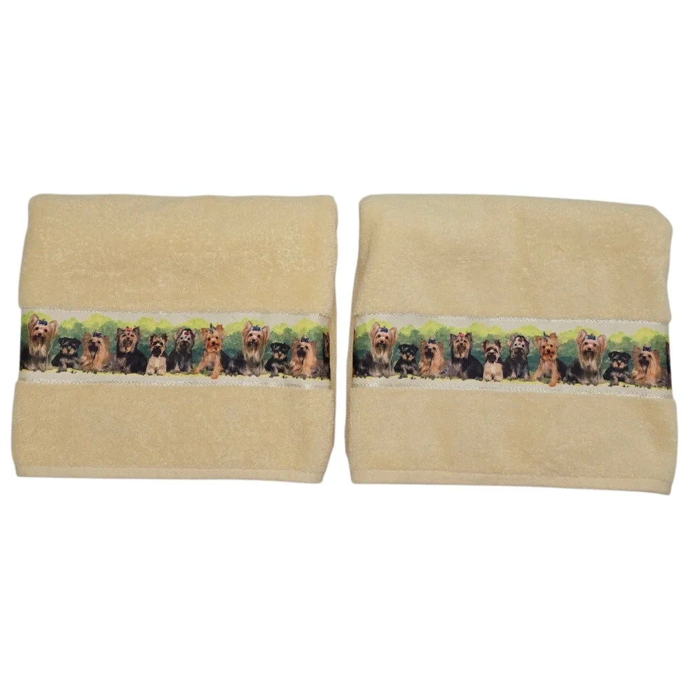 Vtg Danbury Mint Yorkshire Terrier Bath Towels Set of 2 100% Cotton Yorkie Dogs